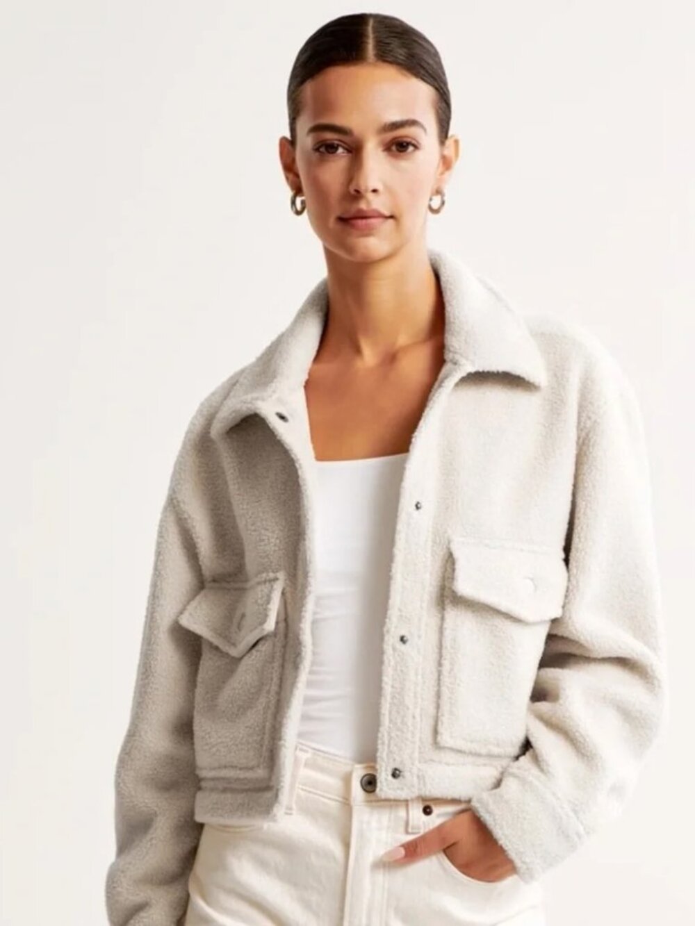Abercrombie & Fitch Light Brown Taupe Sherpa Teddy Cropped Jacket XS - Picture 3 of 3